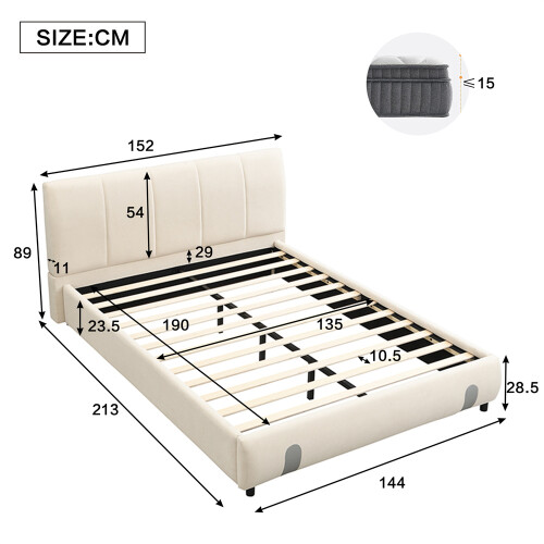 135x190cm, White Upholstered 4ft6 Double Bed, Soft Headboard 1