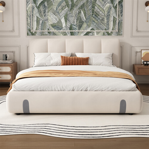 135x190cm, White Upholstered 4ft6 Double Bed, Soft Headboard 2