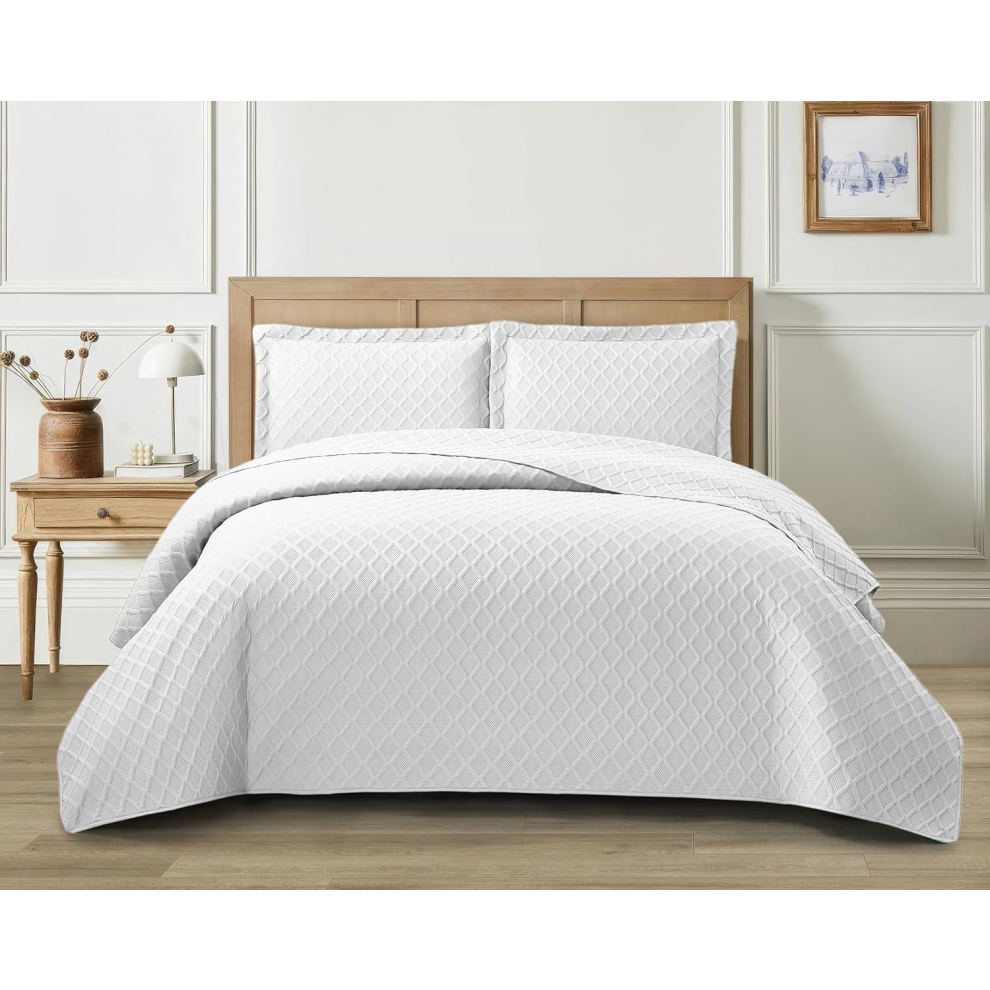 3 Piece Single White Quilted Embossed Bedspread Luxury Comforter Set