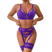 (XL) Garter Lingerie for Women,Sexy Lace Lingerie,Sheer Matching 4 Piece Lingerie Set Dark Purple _a