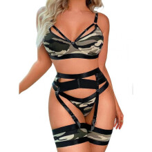 (L) Garter Lingerie for Women,Sexy Lace Lingerie,Sheer Matching 4 Piece Lingerie Set Camo _a