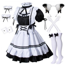 (XL, Black White) Anime French Maid Apron Lolita Fancy Dress Cosplay Costume Furry Cat Ear Gloves Socks Set for Women