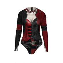 (S-M) Womens Harley Quinn Cosplay Print Long Sleeve Lady One Piece Swimsuit
