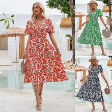 (M, Green) Women's Floral Boho Dress Casual Short Sleeve V Neck Ruffle Tiered Summer Swing Maxi Dresses