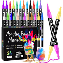 Rotuladores Acrílicos 24 Colores - Doble Punta (3mm/Pincel), Tinta Permanente para Vidrio/Madera/Tela