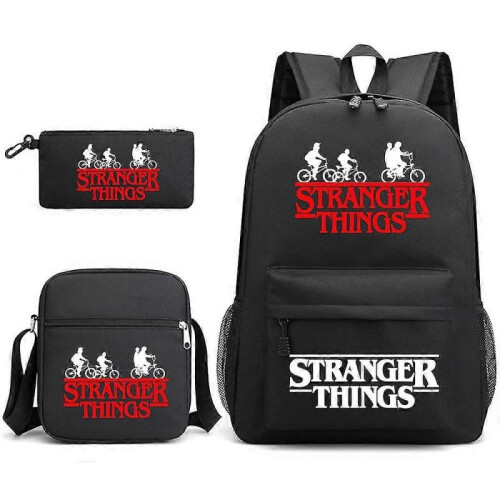 (Black)Stranger Things Backpack 3 Piece Set Student School Bag Canvas Bag
