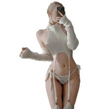 Women's White Knit Sweater Lingerie Set Halter Crop Top with Garter Design, Sexy Cosplay Outfit