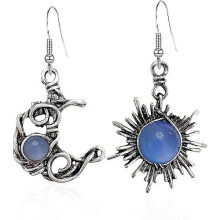 (Blue) Bohemian Wind Retro Sun Moon Earrings Moonstone Asymmetric Sun Moon Earrings