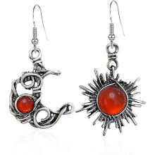 (Red) Bohemian Wind Retro Sun Moon Earrings Moonstone Asymmetric Sun Moon Earrings