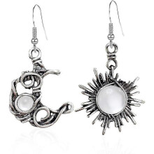 (White) Bohemian Wind Retro Sun Moon Earrings Moonstone Asymmetric Sun Moon Earrings