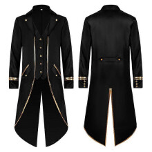 (S, Black) Mens Tuxedo Medieval Retro Punk Gold Trimmed Overcoat Carnival Costume