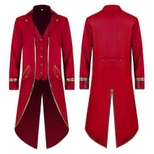 (4XL, Red) Mens Tuxedo Medieval Retro Punk Gold Trimmed Overcoat Carnival Costume
