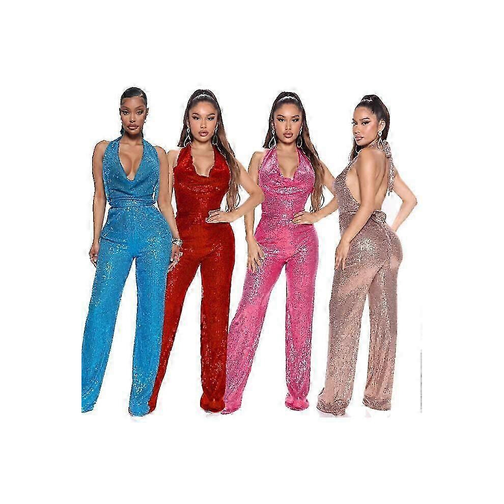 (2XL, wine red) Women Halter Neck Strap Sequins Slim Sleeveless Overalls Fashion Street Wear Bodycon Bodysuit-image-OPC-PHRBMW9-NEW