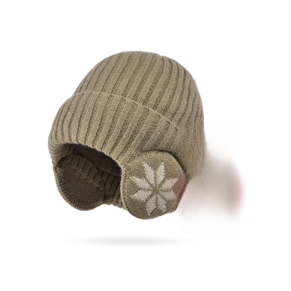 (Khaki)Chapeau tricoté hiver neutre motif flocon de neige à la mode avec oreille de protection