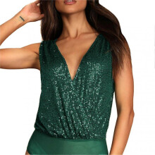 Women V Neck Bodysuit Top Shiny Sequin Low Cut Back Sleeveless Tank Top with Mesh Briefs Green M