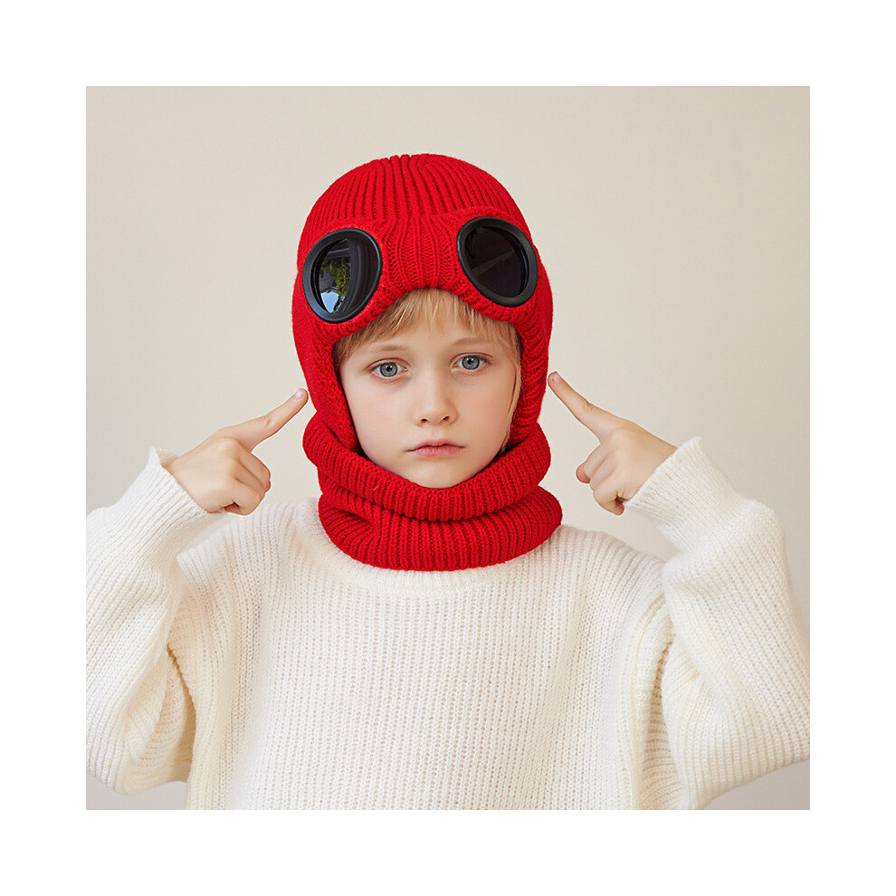 (Red)Ensemble deux pièces écharpe chapeau tricoté hiver enfant avec protection oreille et lunettes