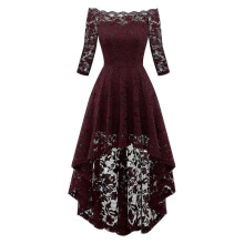 (S, Wine red) 2023 New Womens Vintage Lace Boat Neck Wedding Cocktail Evening Party Formal Dress Best Offer