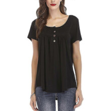 (2XL, Khaki) Plus Size Women Buttons Pleated T-shirt Casual Top Solid Short Sleeve Loose Tee Crew Neck Blouse Zekai