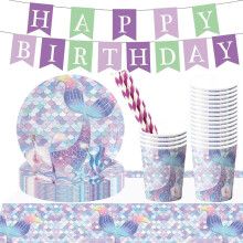 (As show, One size) 50 PCS Purple Mermaid Party Tableware Set, Mermaid Birthday Party Supplies, Mermaid Birthday Party Decorations for Girls Baby Shower Serves 16
