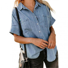 Women Button Shirt Short Folded Sleeve Turn Down Collar Button Down Shirt with Pockets for Female