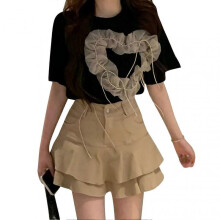 Women T Shirt Skirt Set Summer Fashionable Slimming Lace Heart Ruffle Hem Women 2 Piece Outfits for Date Party Daily