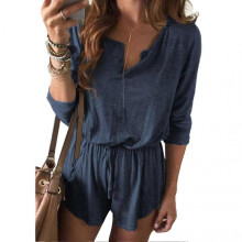 Long Sleeve Shorts Jumpsuit Lace Up V Neck Solid Color Breathable Women's Clothing Blue L