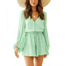 Women Long Sleeve Short Jumpsuit Polyester Fiber Pure Color Drawstring Waist V Neck Button Short Romper for Daily Work Green M