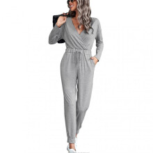 Long Sleeve Jumpsuit Deep V Neck High Waist Skin Friendly Pure Color Jumpsuits Women Jumpsuit with 2 Pockets Grey XL
