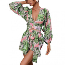 Women Jumpsuit Cut Out Deep V Neck Lantern Long Sleeved Belt Shorts Slim Fit Jumpsuit Green S