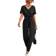 Women V Neck Short Sleeve Jumpsuit Waist Drawstring Elastic Cropped Ninth Pants Jumpsuits with Pockets Black S