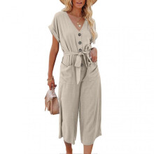 Women Jumpsuit with Belt V Neck Fashionable Loose Comfortable Breathable Lady Female Rompers Beige XL