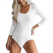 Women Long Sleeve Bodysuit Crewneck Pure Color Ribbed Stretchy Slim Women Bodysuit Jumpsuit L White