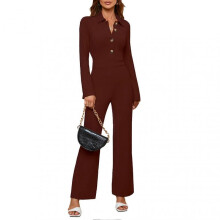 Women Jumpsuit Fashionable Straight Leg Trousers Button Turn Down Collar Pure Color Jumpsuit S Coffee