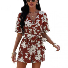 V Neck Short Sleeve Romper Women Stylish Elegant Tie Waist Floral Print Jumpsuit for Dating Party Dark Red XL