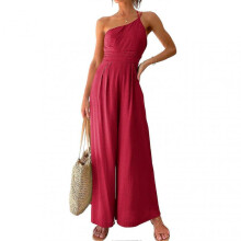 Women One Shoulder Straps Romper Summer Casual Pleated Sleeveless High Waist Wide Leg Jumpsuit Red M