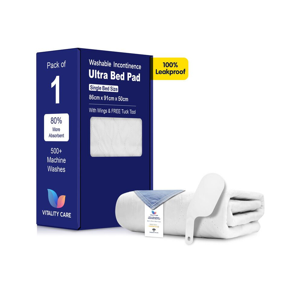 Vitality Care (1X Single Bed 86X91cm) Incontinence Washable Bed Pad Reusable Single Bed Pads With Tucks 86 X 91Cm