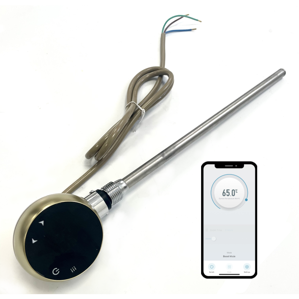 Greened House (200W, Brushed Brass) Wifi Electric Smart Heating Element For Towel Rails And Radiators 200W/300W/400W/600W/800W With Led Touchscreen Thermostat/Timer