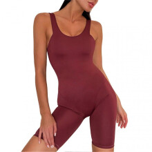 Women Sports Bodysuit Pure Color Slim Skinny Deep U Beauty Back Yoga Jumpsuits for Female Wine Red L