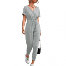 Women V Neck Short Sleeve Jumpsuit Waist Drawstring Elastic Cropped Ninth Pants Jumpsuits with Pockets Gray XXL