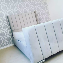 (King, Silver Plush without Gas Lift) Luxury Winged Panel Plush Upholstered Velvet Bed Frame Optional Gaslift Ottoman Storage