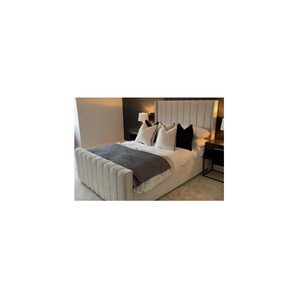 Photos - Bed  Luxury Winged Panel Plush Upholstered Velvet  Frame Optional Gaslift Ottoman Storage(Double, Cream Plush with Gas Lift )