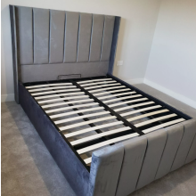 (Double, Steel Plush with Gas Lift) Luxury Winged Panel Plush Upholstered Velvet Bed Frame Optional Gaslift Ottoman Storage
