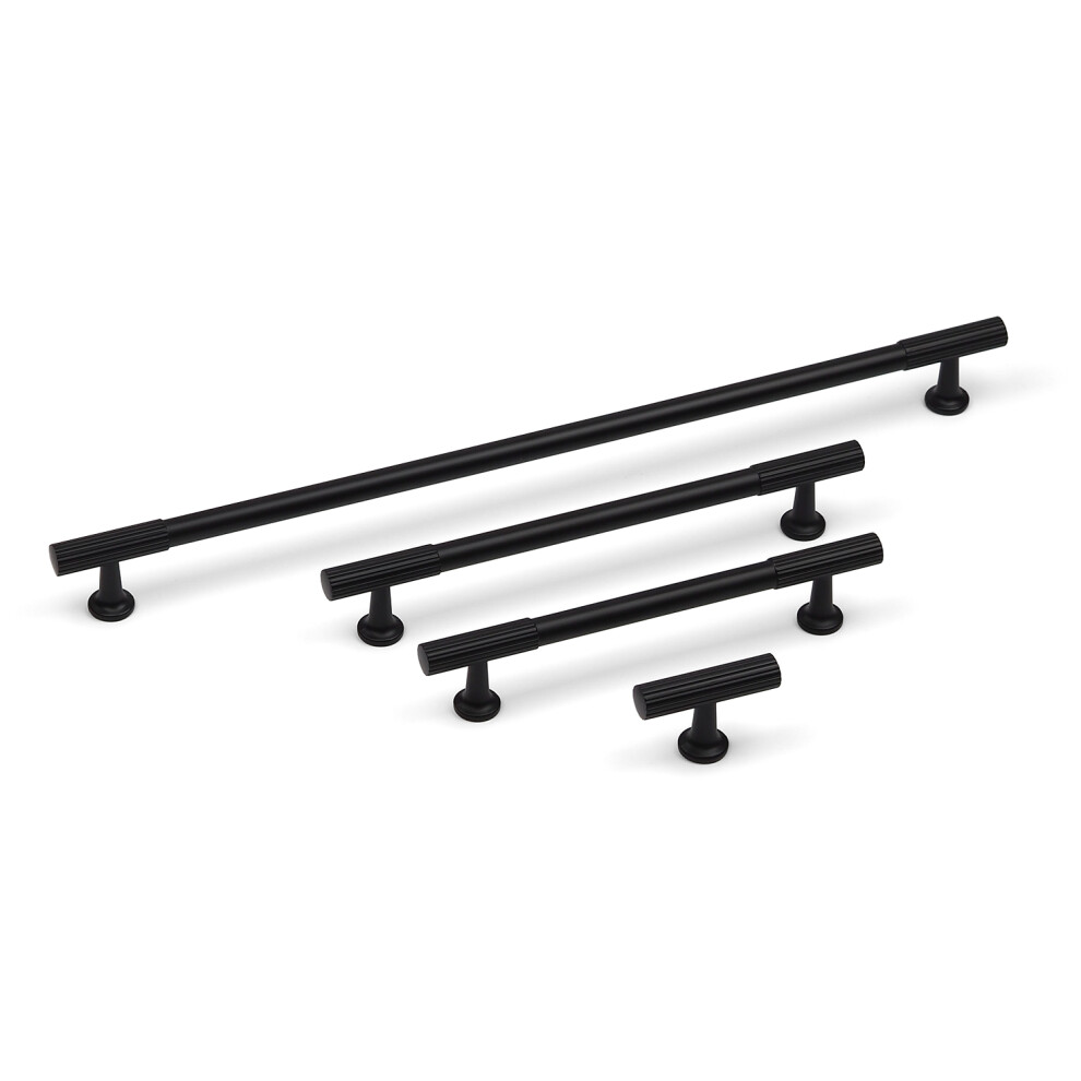 (50Mm Knob) Matt Black Textured Cabinet Reeded T-Bar Handles 5056767303439