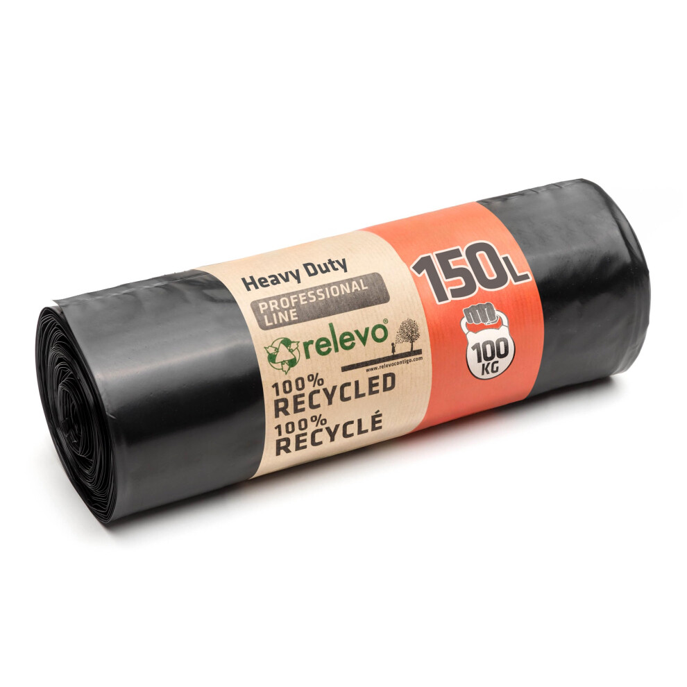 Relevo 150 L Heavy Duty Bin Bags, Durable Bin Liners With A 100Kg Weight Resistance, 100% Recycled, Water Resistant Rubble Sacks Black
