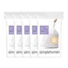 simplehuman Code Q 100 Liners, 50% Recycled Custom Fit Bin Bags in Dispenser Packs, Durable Drawstring Tie Handle, 50-65L, White