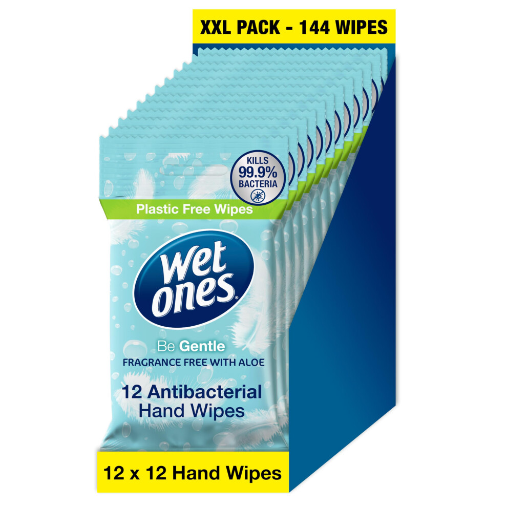 Wet Ones – Be Gentle – Plastic Free Antibacterial Pocket Size Hand Wipes - 144 Wipes – 12 Packs X 12 Wipes