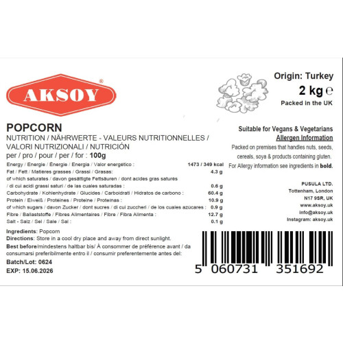 AKSOY Popping Corn Kernels 2KG 2