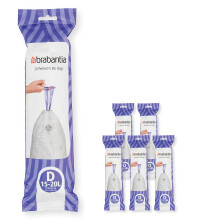 Brabantia 138201 PerfectFit Bin Liners Multipack (Size D/15-20 Litre) Thick Plastic Trash Bags with Tie Tape Drawstring Handles (120 Bags), White
