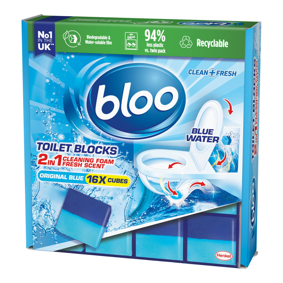 Bloo Toilet Block Original Blue, Coloured Water In Tank Blocks, Letterbox Sized Recyclable Box,16 x Cleaning blocks 800g