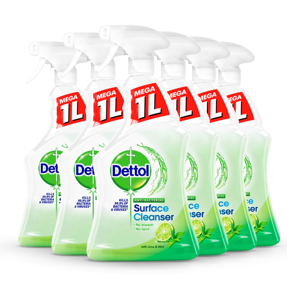 Dettol Antibacterial Disinfectant Spray Lime & Mint 6-Pack (6x1L) - All-Purpose Bathroom Cleaner, Household Cleaning Solution, 6L Total